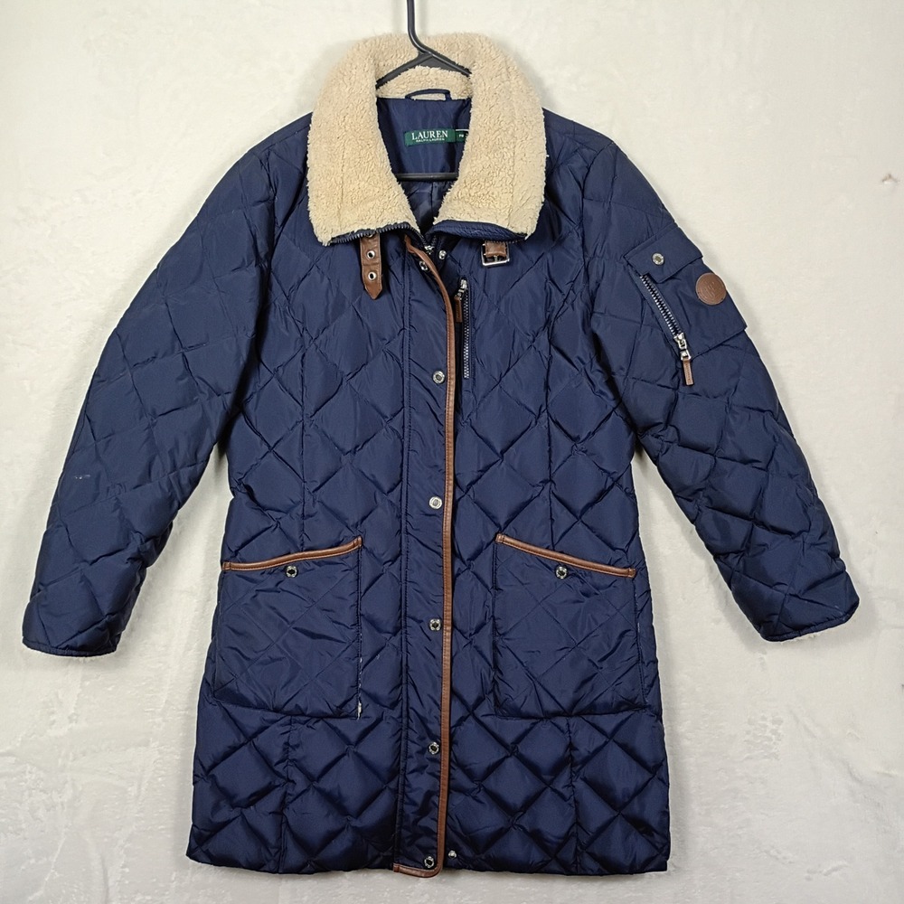 Lauren Ralph Lauren Puffer Coat Womens PM Navy Blue Quilted Sherpa Down‎ Parka